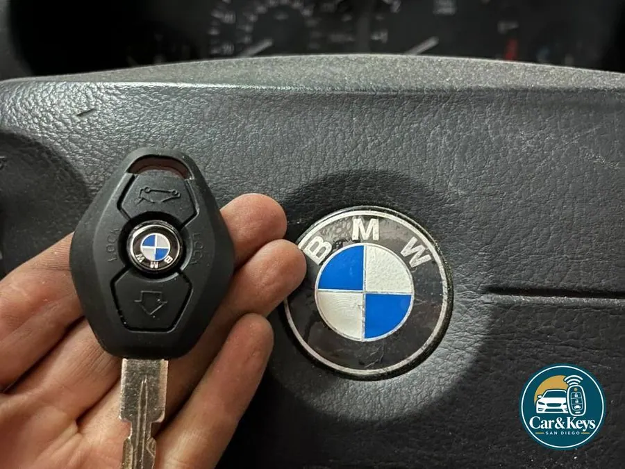 A BMW key in hand at the steering wheel
