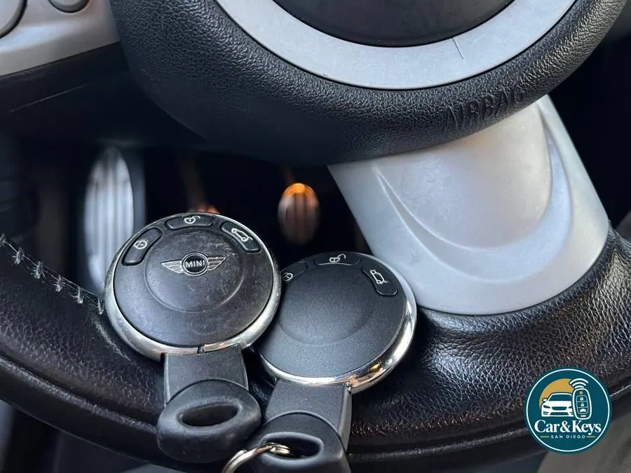A Mini Cooper key at the ignition
